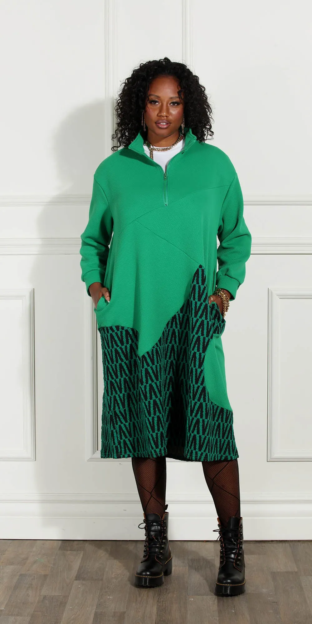 Luxe Moda - LM219 - Green Black - Print Knit Zip Collar Dress