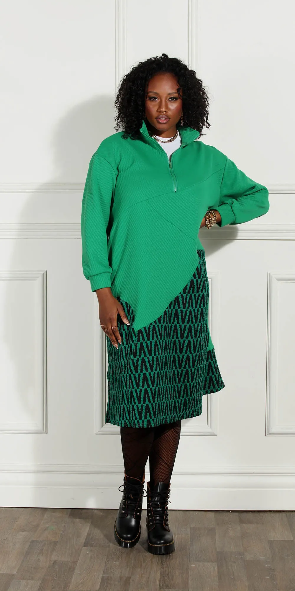 Luxe Moda - LM219 - Green Black - Print Knit Zip Collar Dress