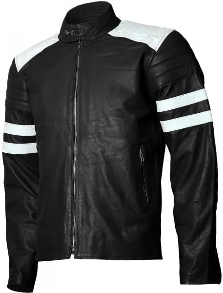 Mens Cafe Racer Motorcycle Biker Black & White Leather Jacket