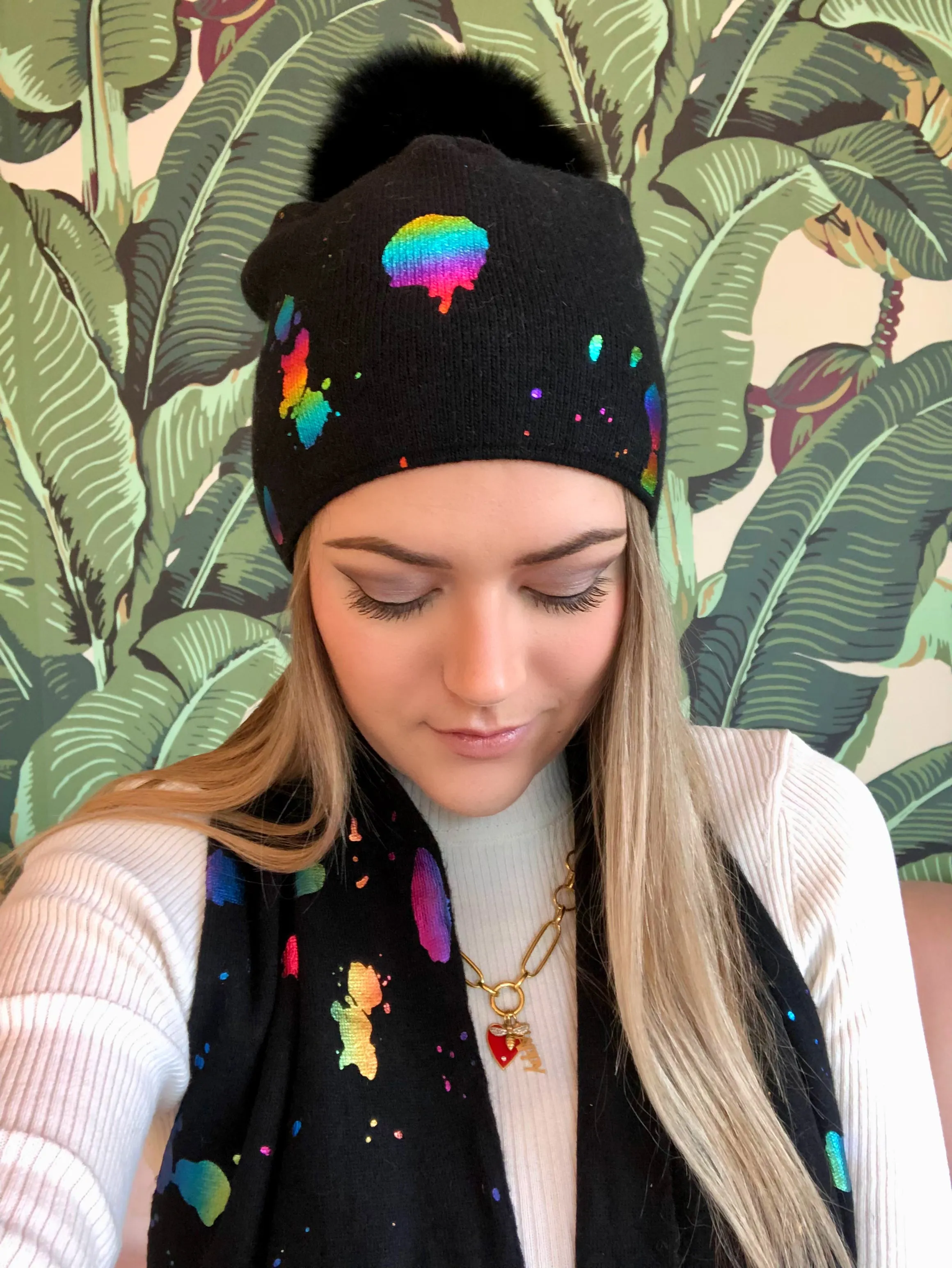 Metallic Paint Splash Black Pom Pom Beanie