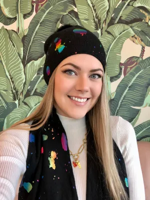 Metallic Paint Splash Black Pom Pom Beanie