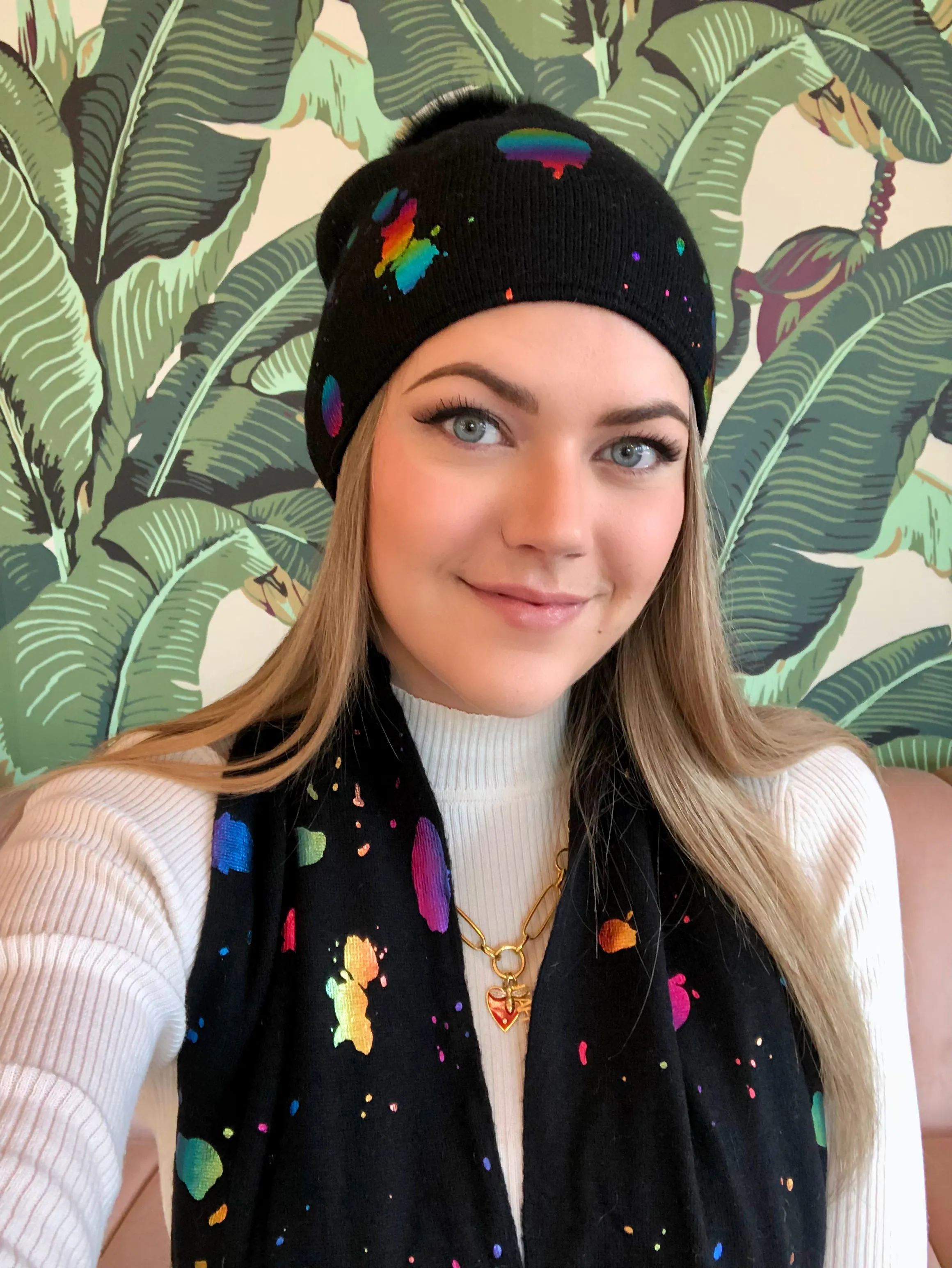 Metallic Paint Splash Black Pom Pom Beanie