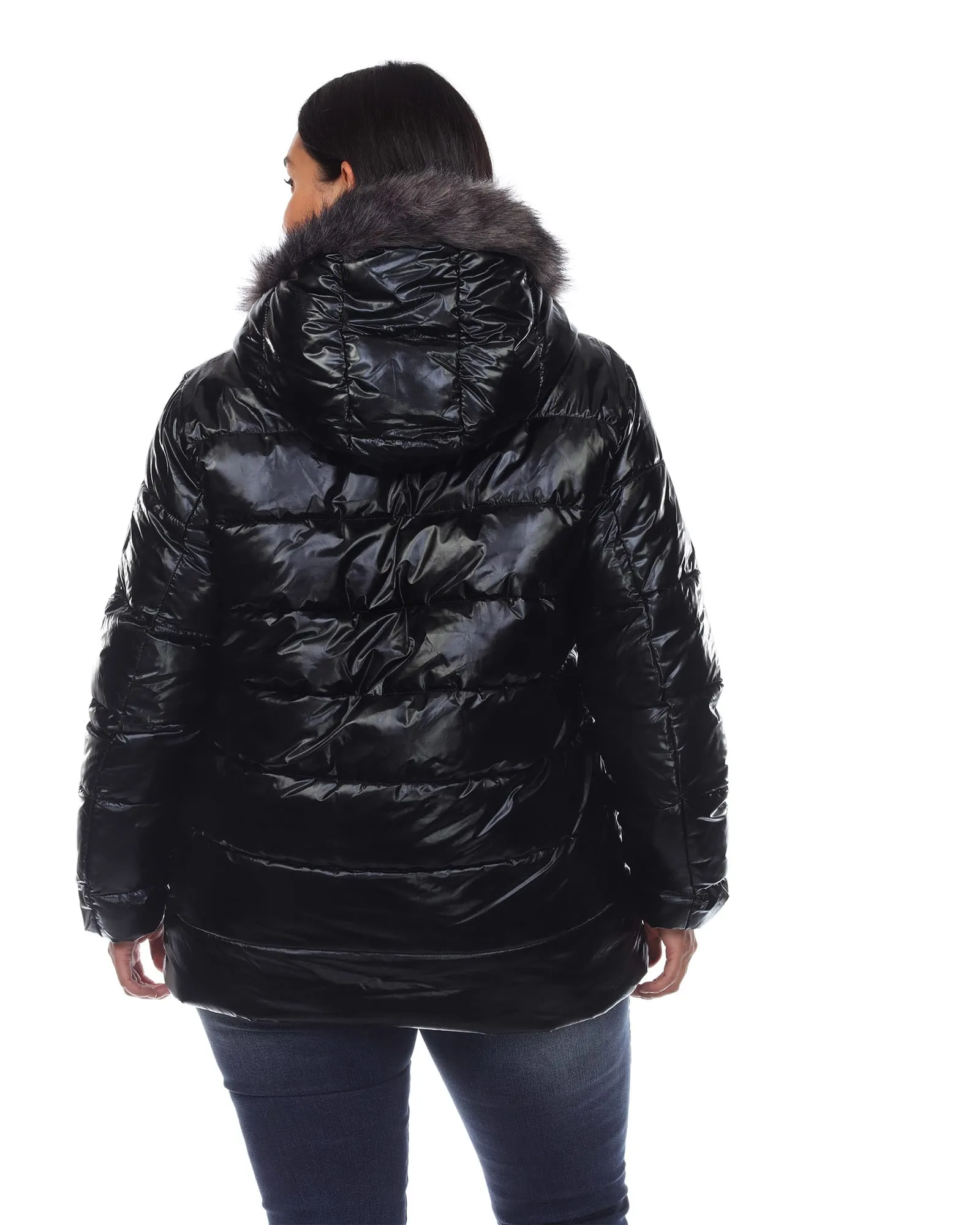 Metallic Puffer Coat with Hoodie | Black
