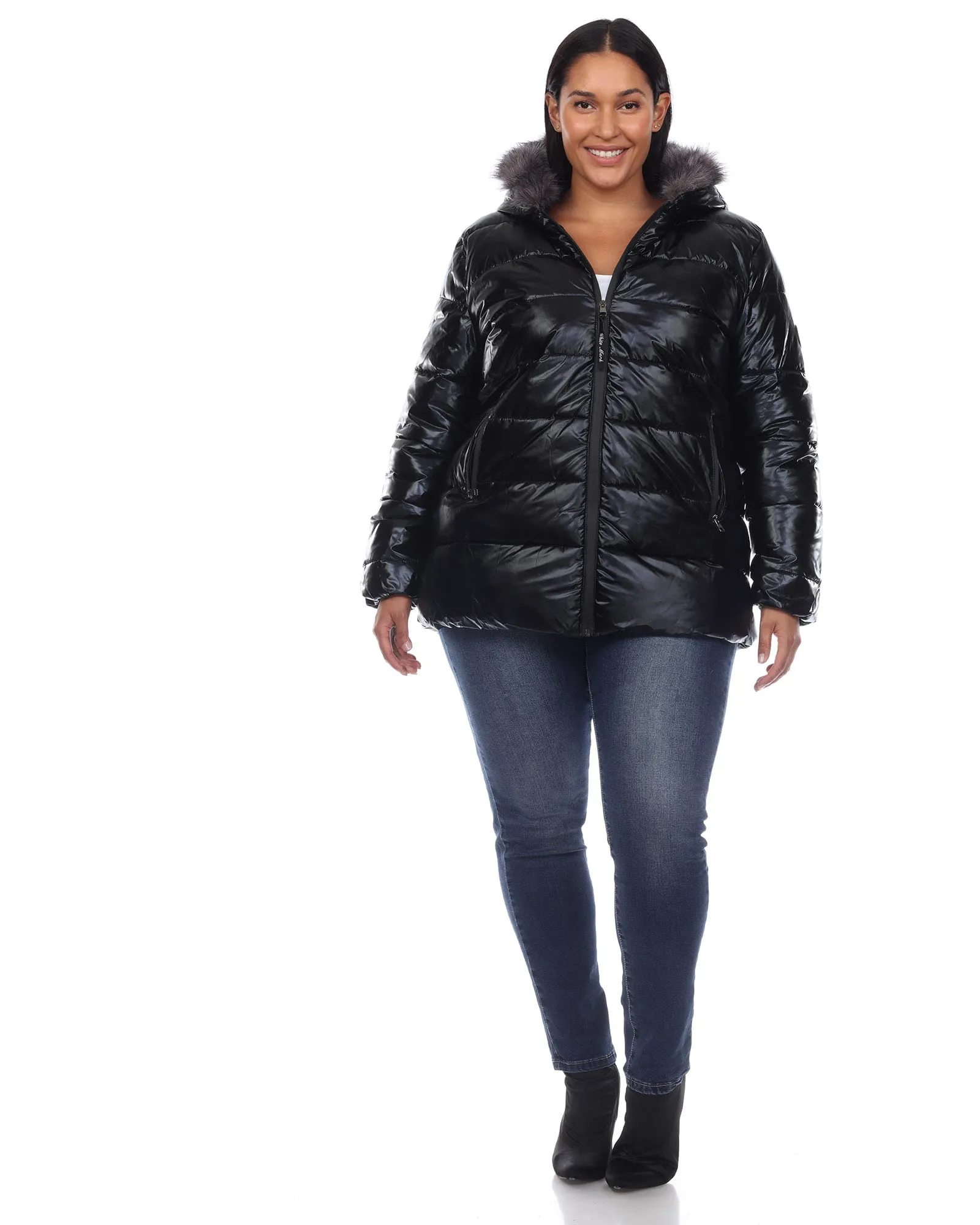 Metallic Puffer Coat with Hoodie | Black