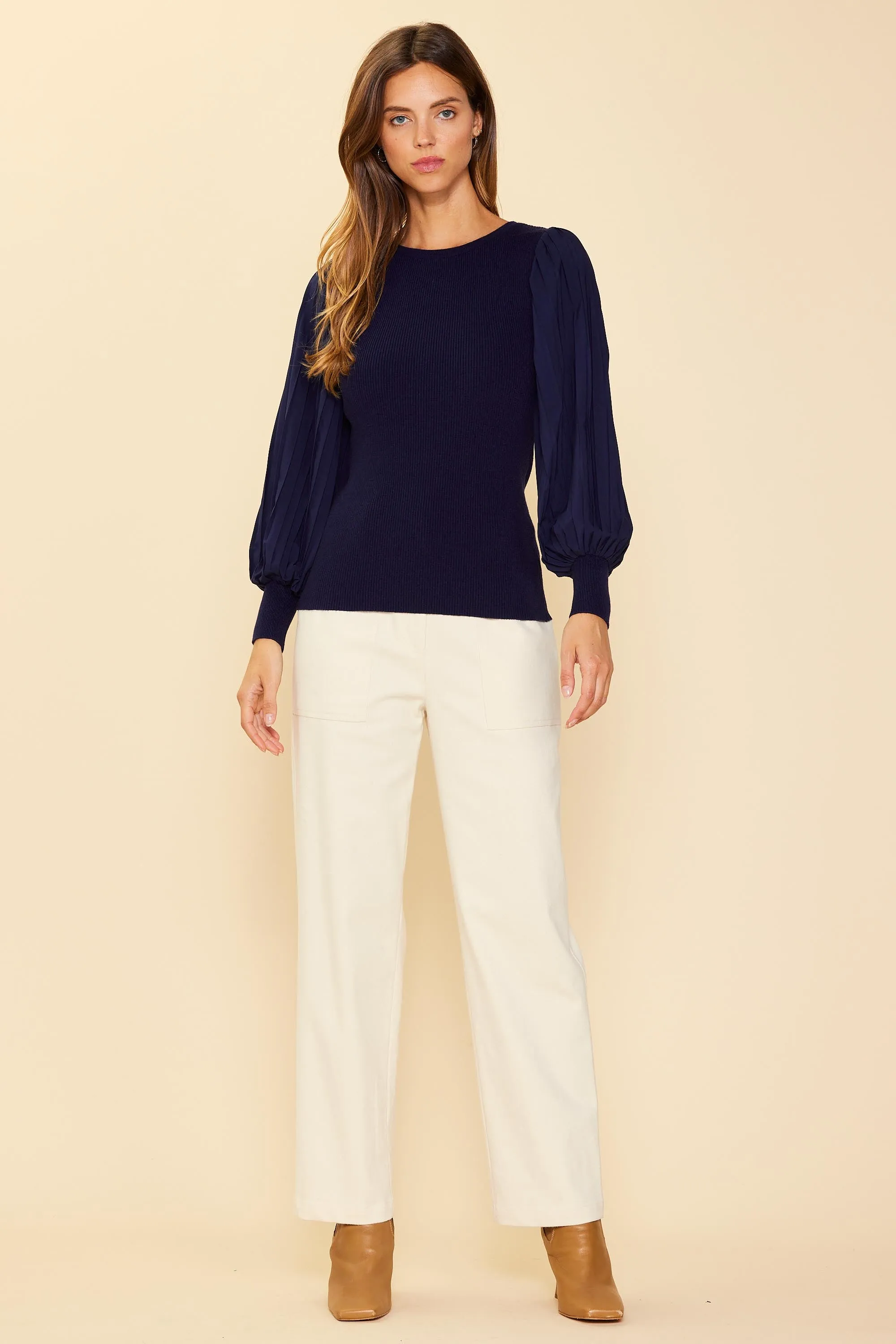 Mixed Media Pleated Sleeve Top