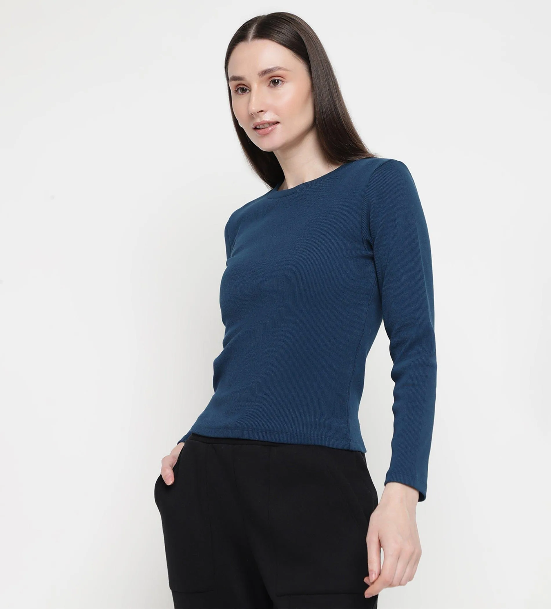 Navy Blue Rib Knit Top for Women