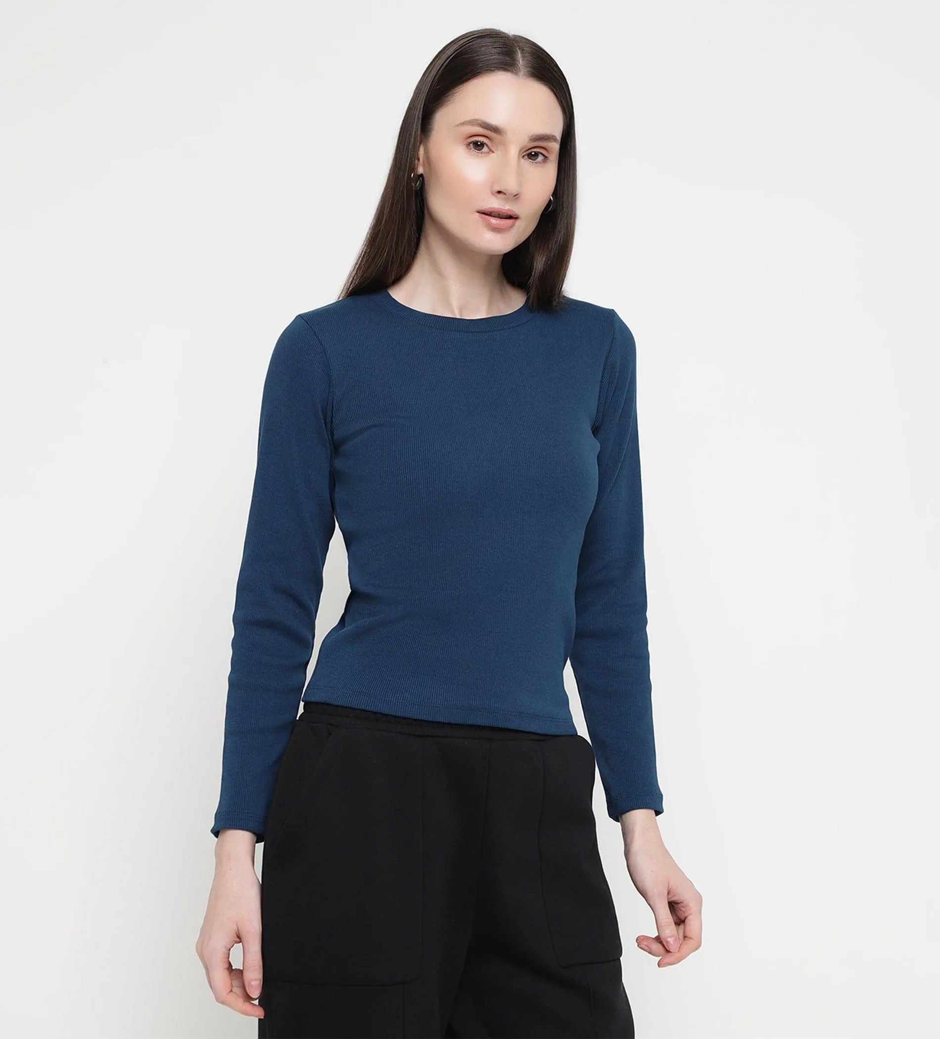 Navy Blue Rib Knit Top for Women