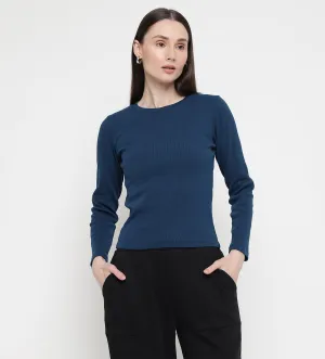 Navy Blue Rib Knit Top for Women