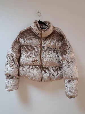 Pink champagne velour puffer jacket, Fabletics, Size 12, 14