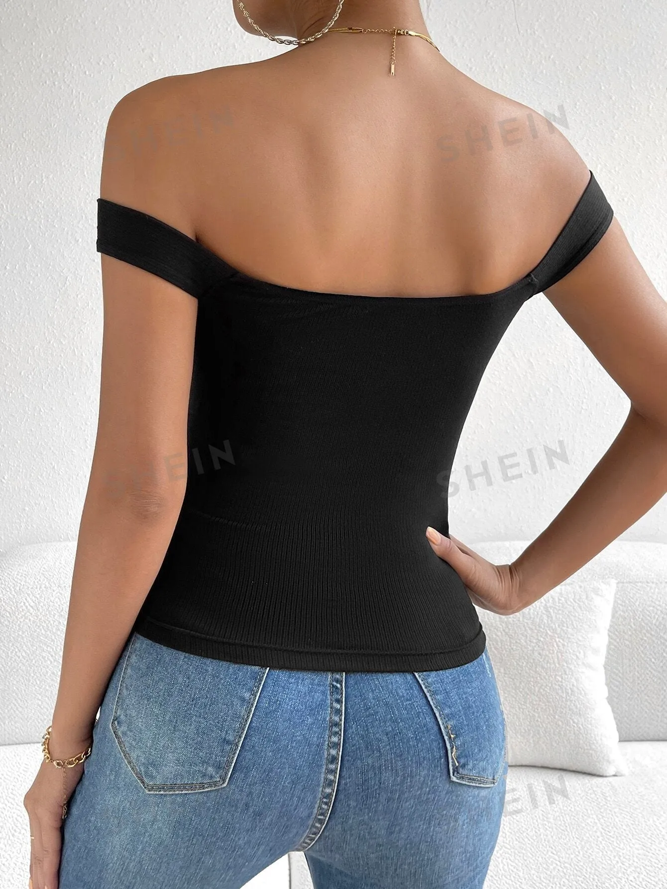 Privé Summer Off Shoulder Ribbed Knit Black Top