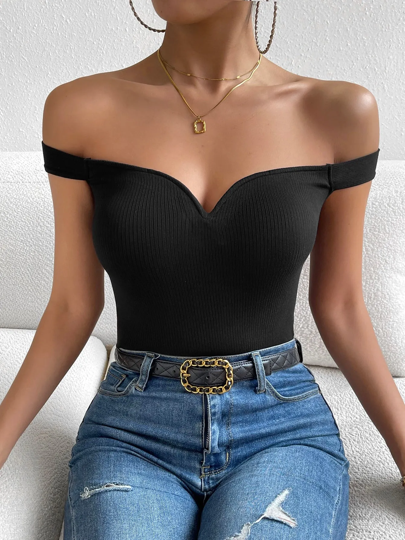 Privé Summer Off Shoulder Ribbed Knit Black Top