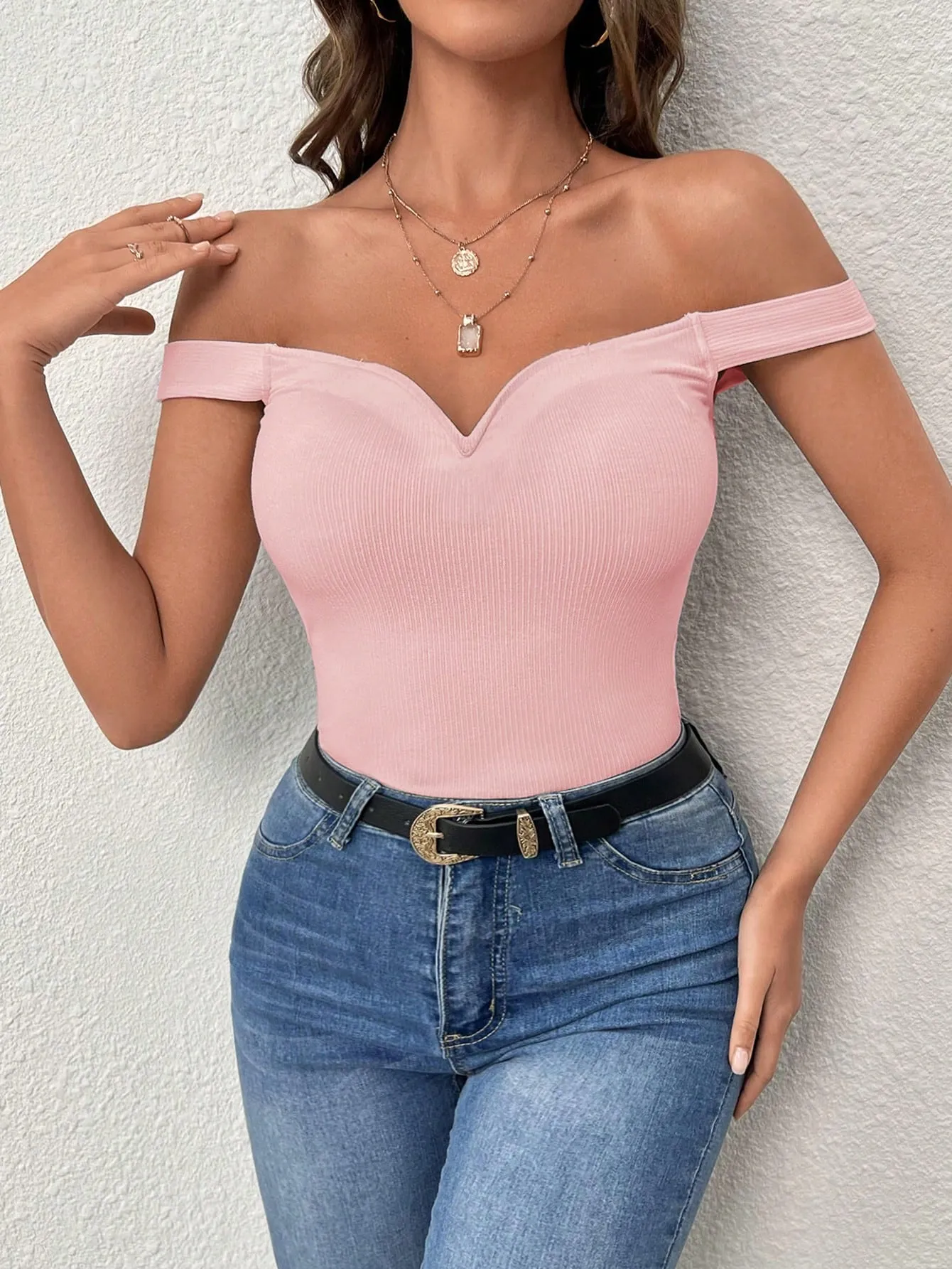 Privé Summer Off Shoulder Ribbed Knit Black Top