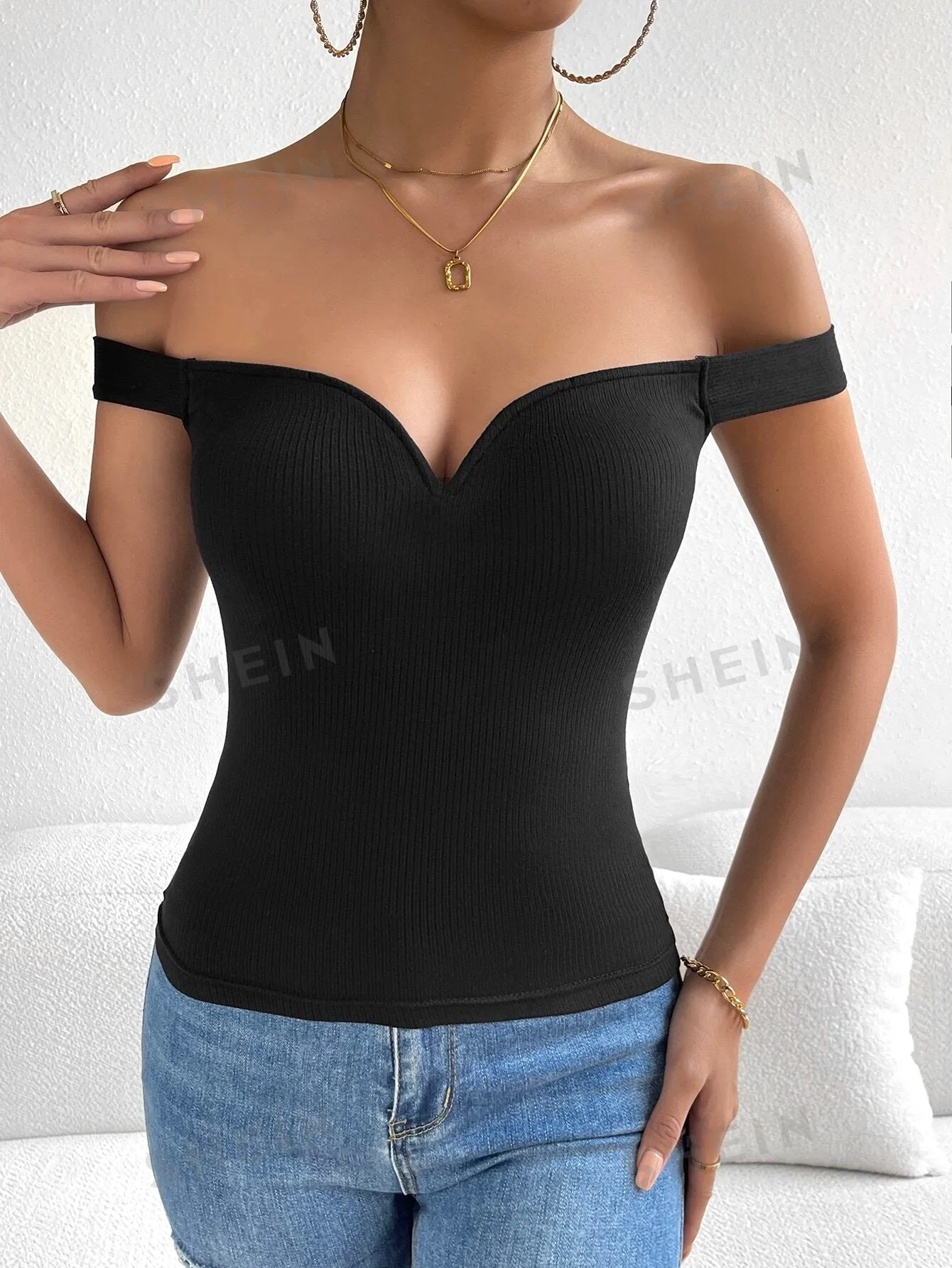 Privé Summer Off Shoulder Ribbed Knit Black Top