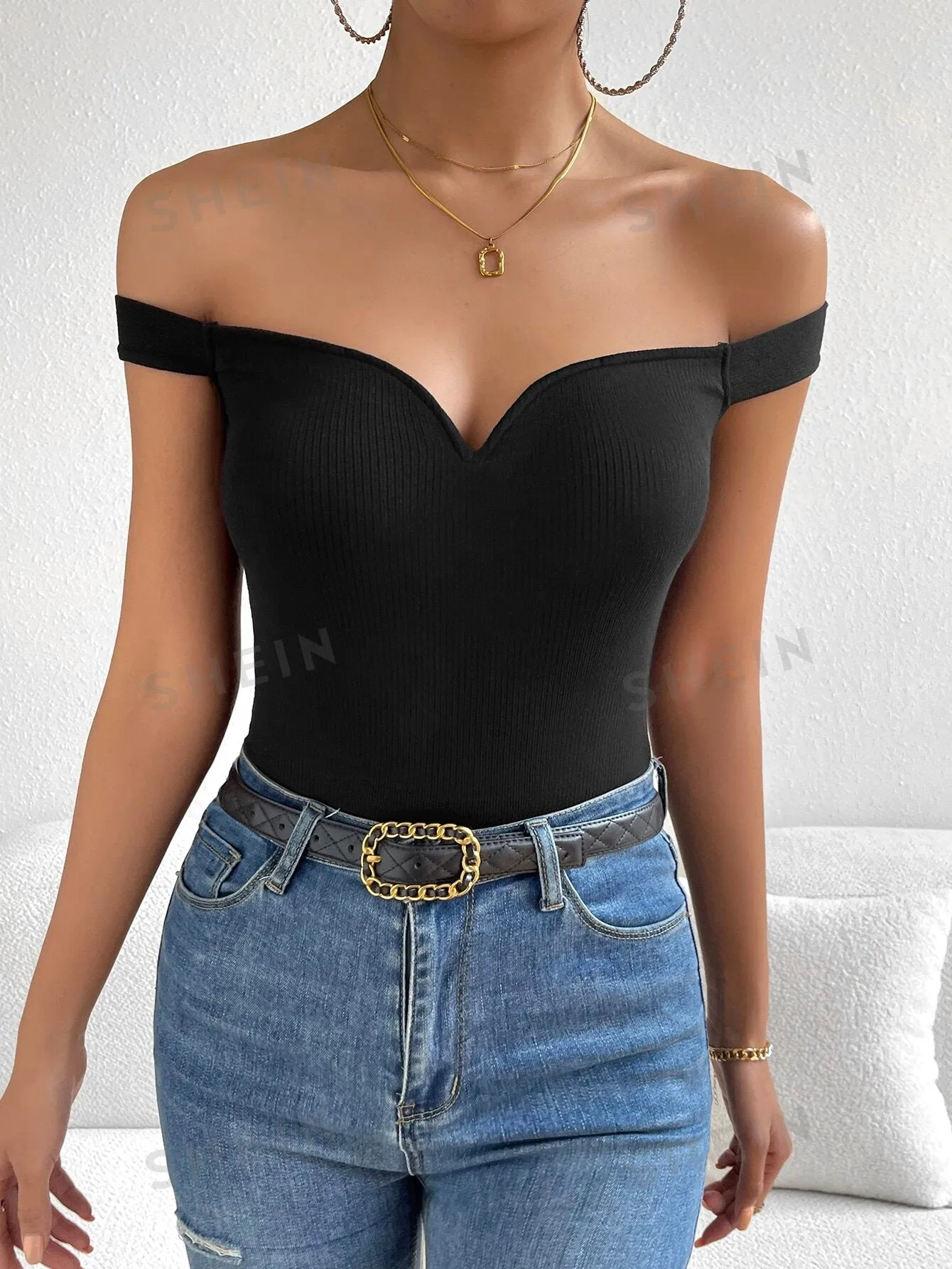 Privé Summer Off Shoulder Ribbed Knit Black Top