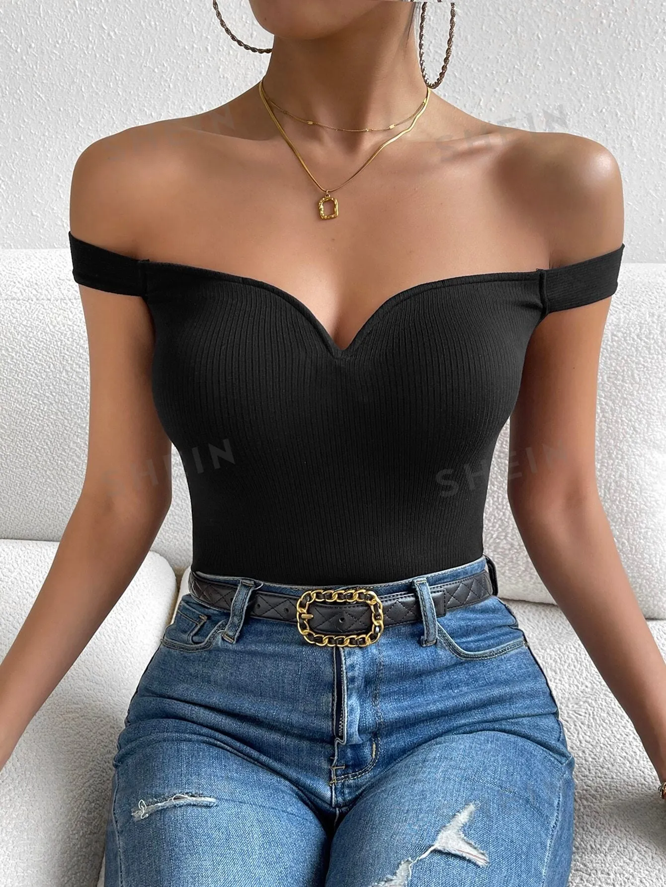 Privé Summer Off Shoulder Ribbed Knit Black Top