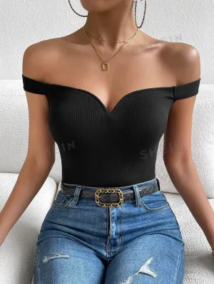 Privé Summer Off Shoulder Ribbed Knit Black Top