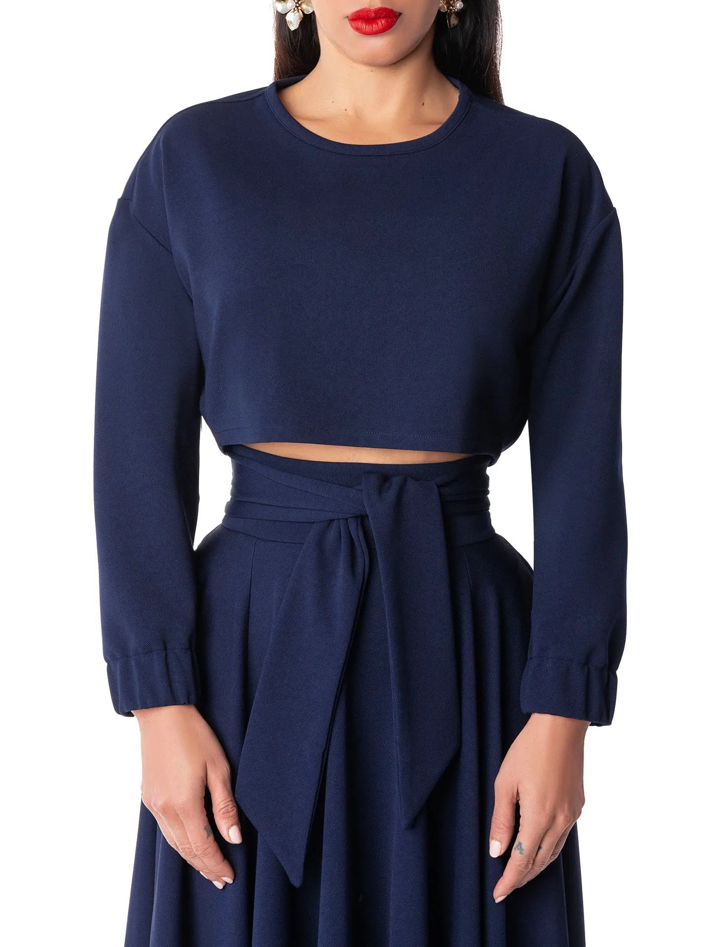 "Fabiola" Navy Long Sleeve Crop Top