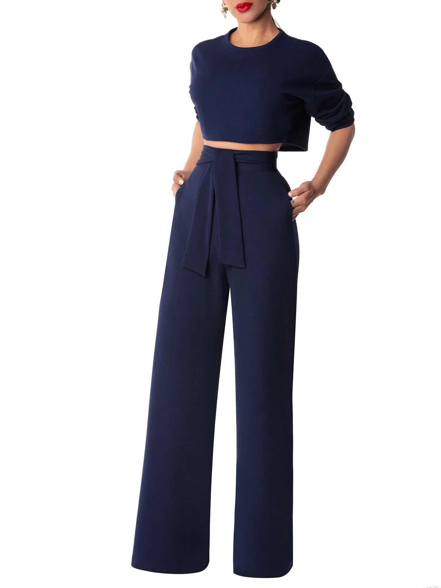 "Fabiola" Navy Long Sleeve Crop Top
