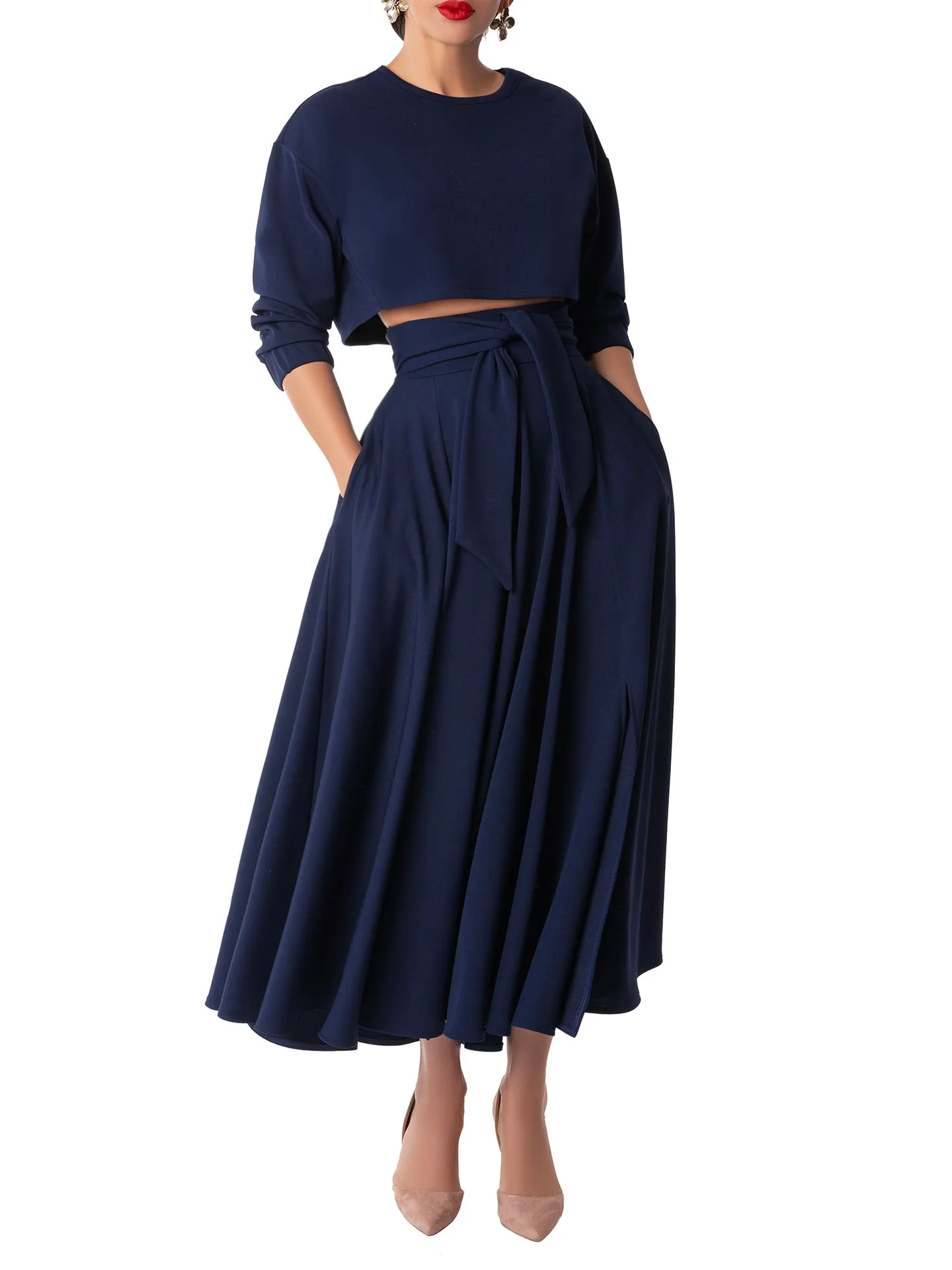"Fabiola" Navy Long Sleeve Crop Top