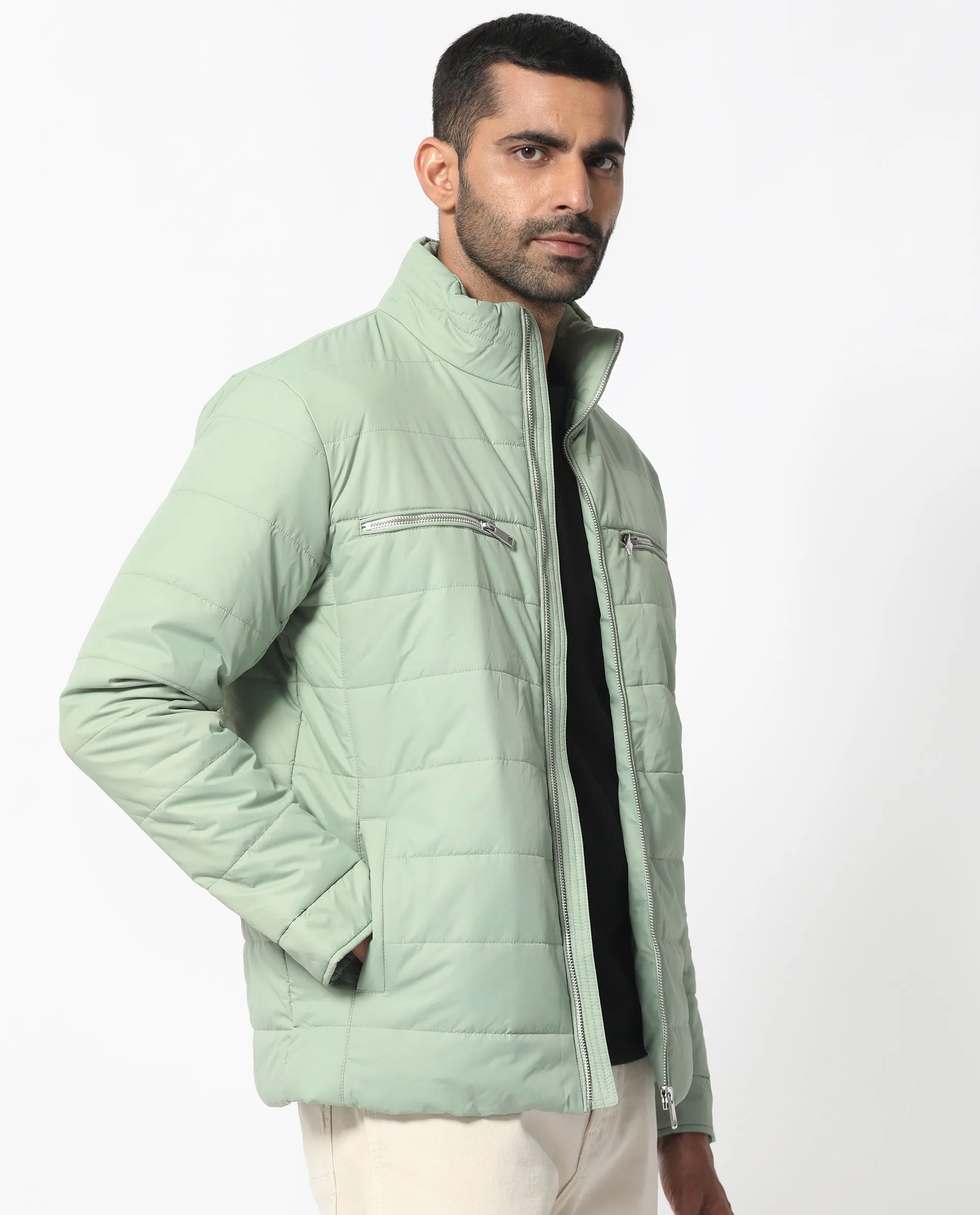 Rare Rabbit Men's Beylor Pastel Green  Plain High Neck Puffer Jacket