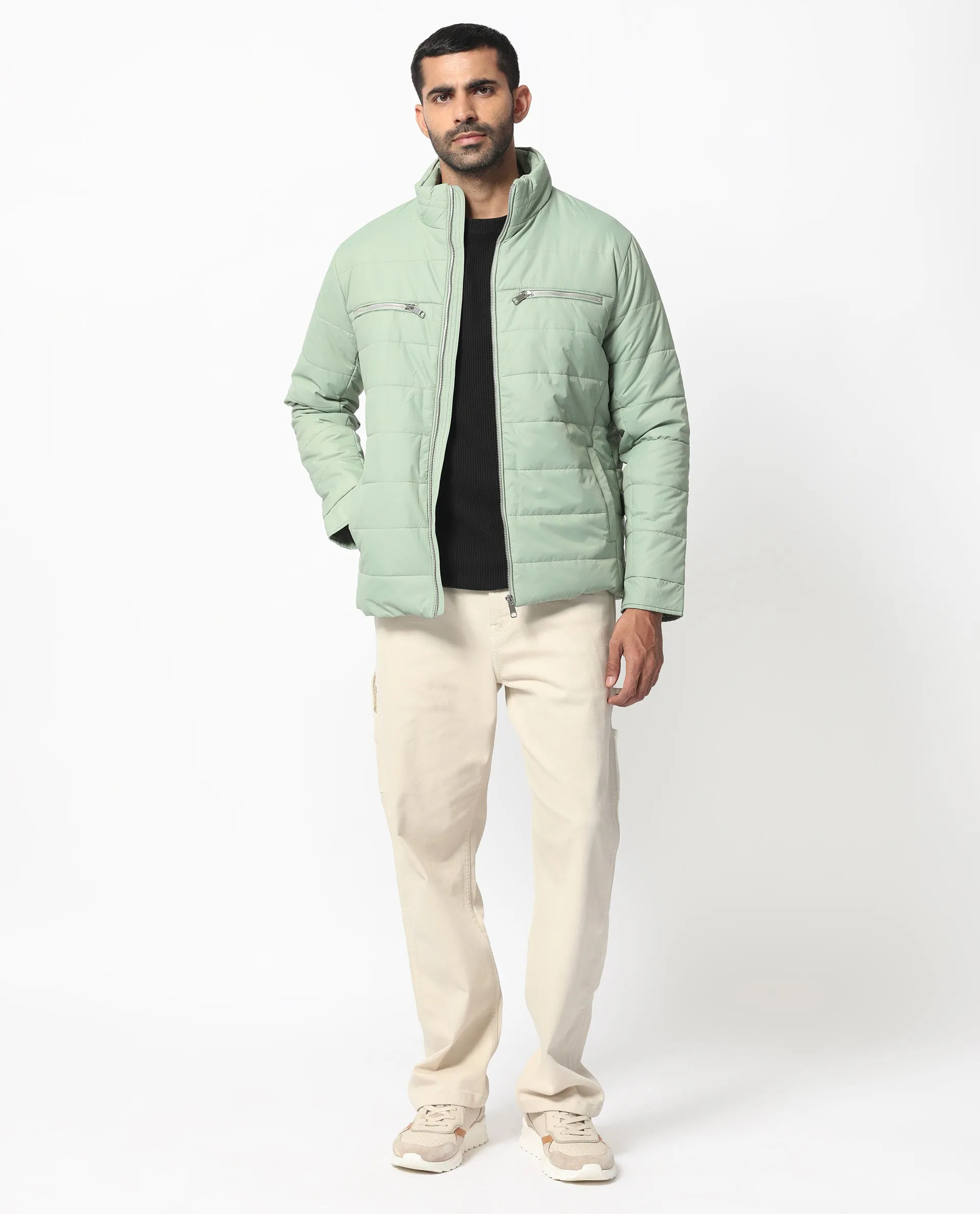 Rare Rabbit Men's Beylor Pastel Green  Plain High Neck Puffer Jacket