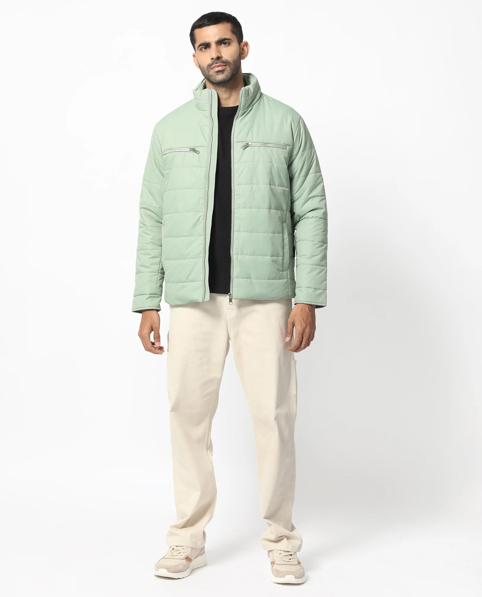 Rare Rabbit Men's Beylor Pastel Green  Plain High Neck Puffer Jacket