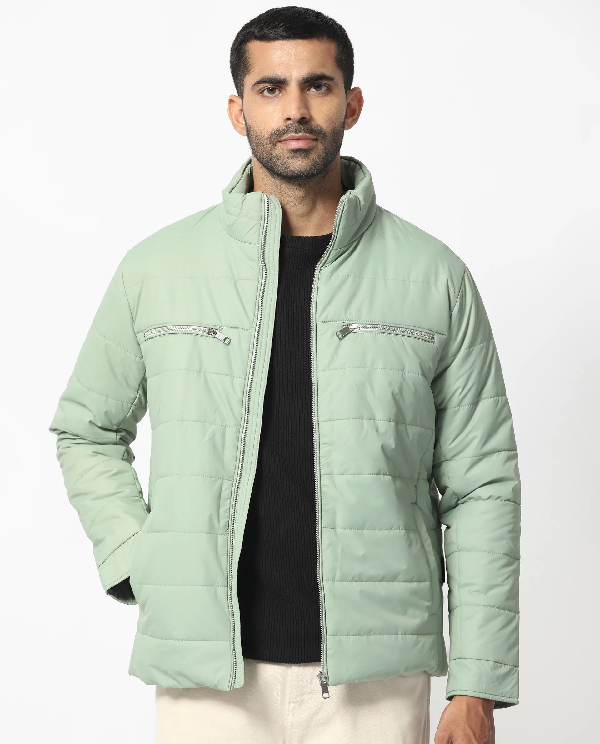 Rare Rabbit Men's Beylor Pastel Green  Plain High Neck Puffer Jacket