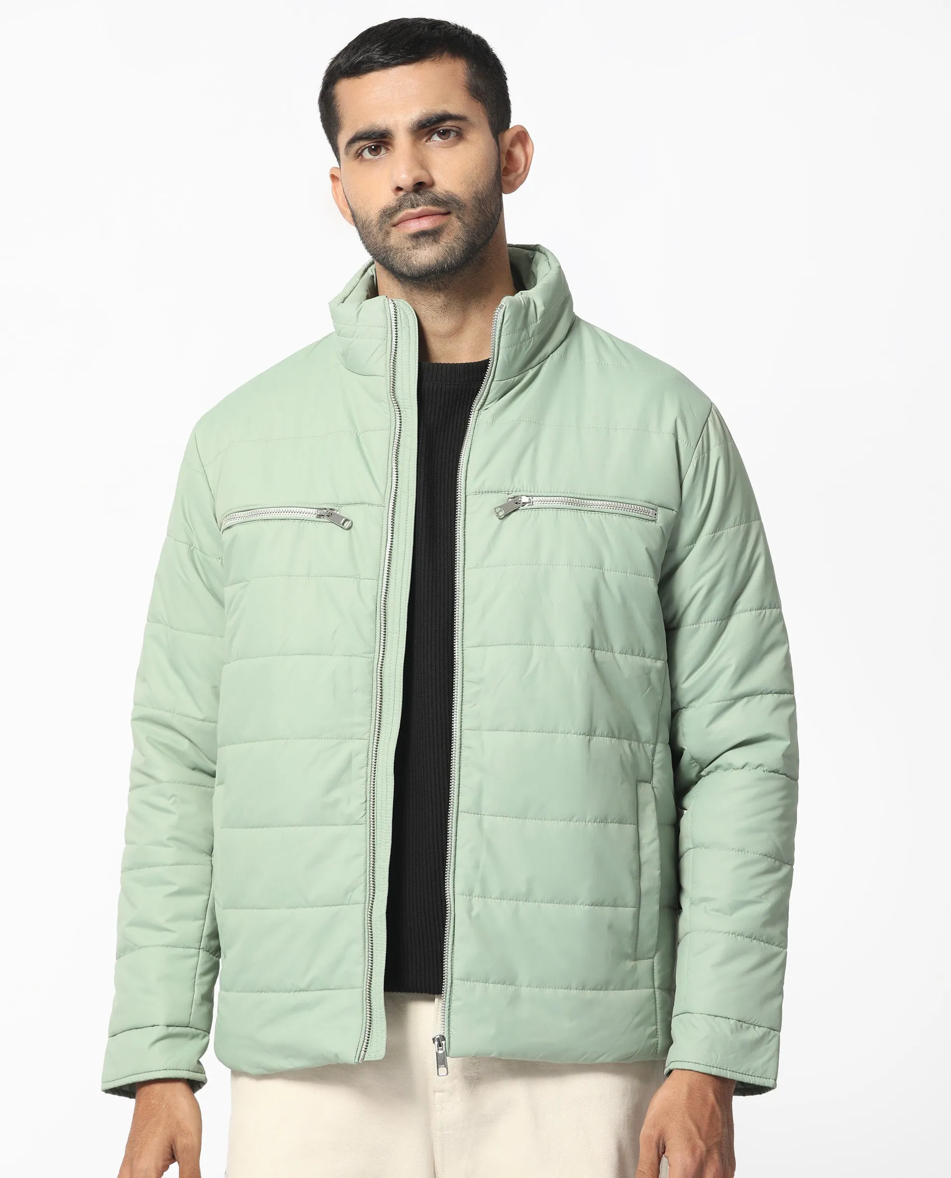 Rare Rabbit Men's Beylor Pastel Green  Plain High Neck Puffer Jacket