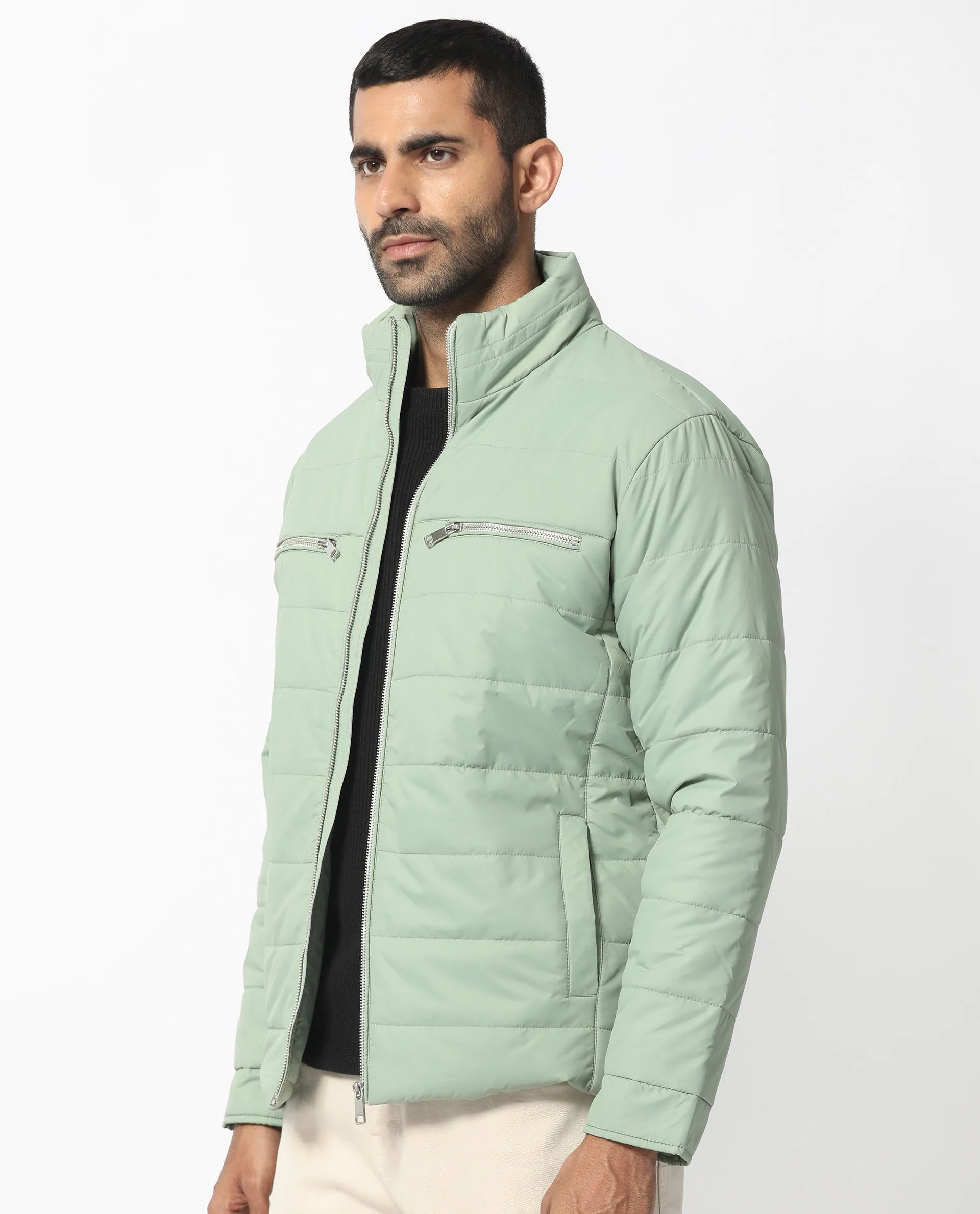 Rare Rabbit Men's Beylor Pastel Green  Plain High Neck Puffer Jacket