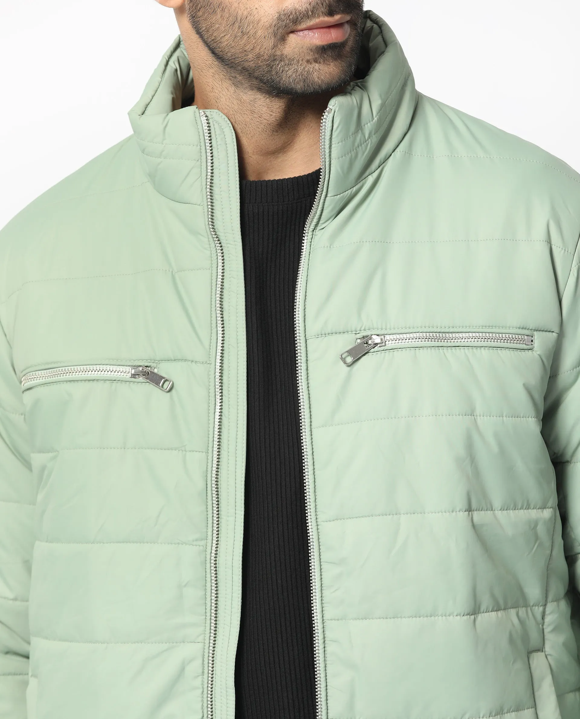 Rare Rabbit Men's Beylor Pastel Green  Plain High Neck Puffer Jacket