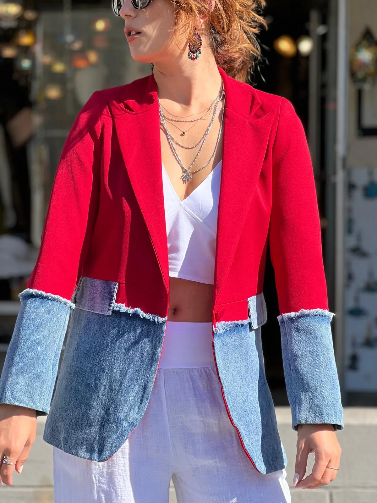 Red Blazer with Denim Detail