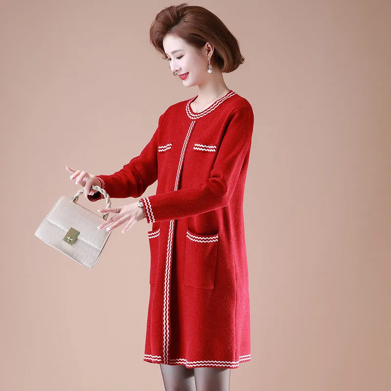 Round Neck Long Sleeve Wavy Grain Knee Length A-line Knit Dress