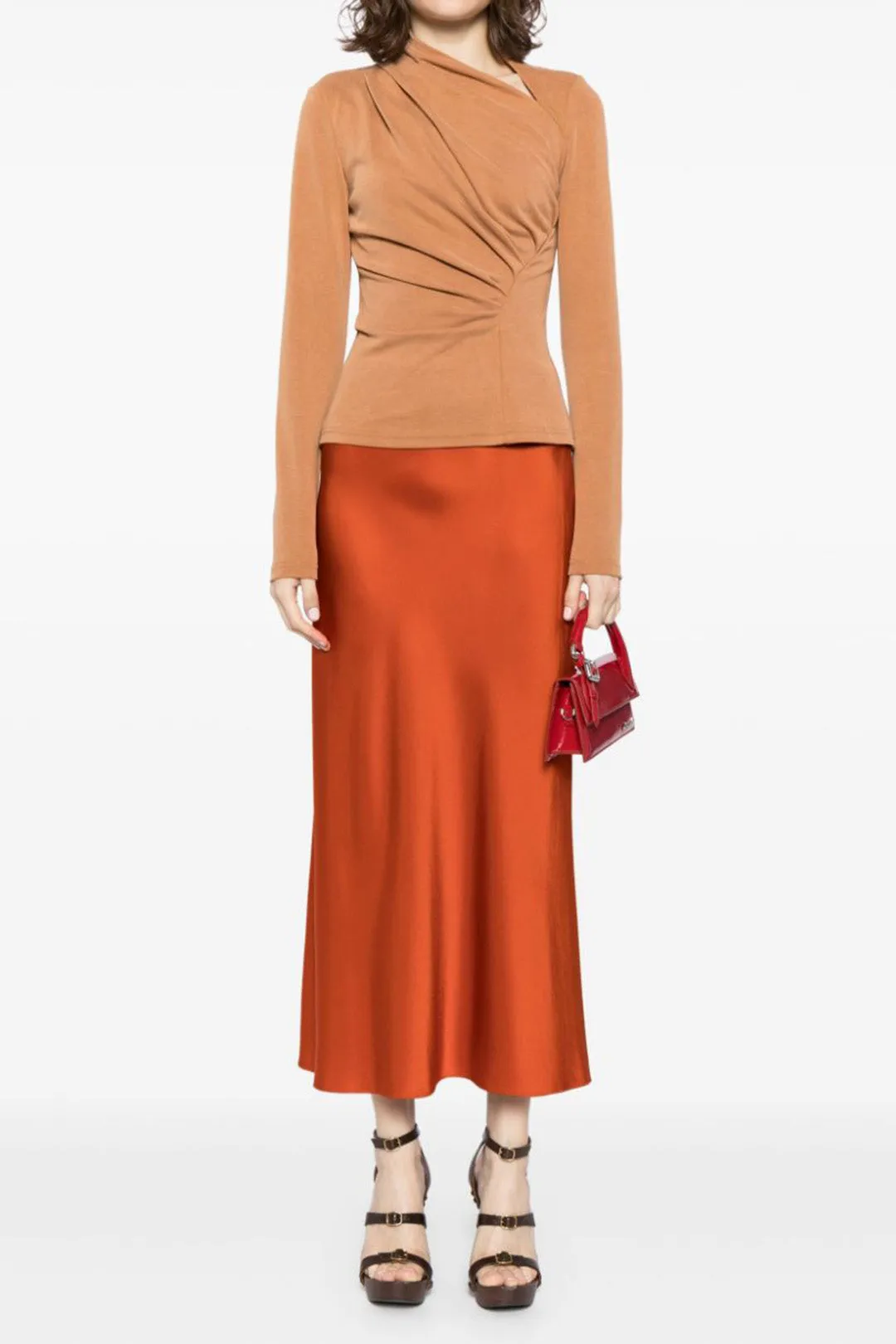 Ruched Zipper Asymmetry Neck Long-Sleeve Top