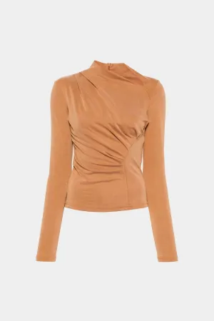Ruched Zipper Asymmetry Neck Long-Sleeve Top