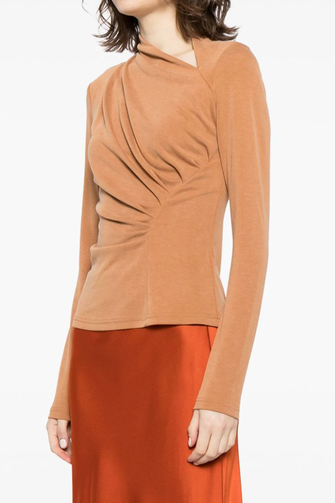 Ruched Zipper Asymmetry Neck Long-Sleeve Top