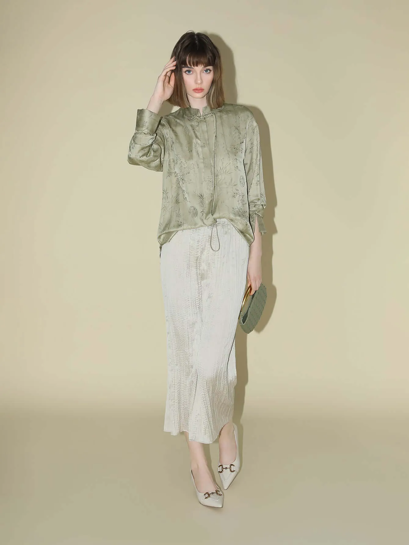 Satin Champagne Pleated Flowing A-Line Skirt