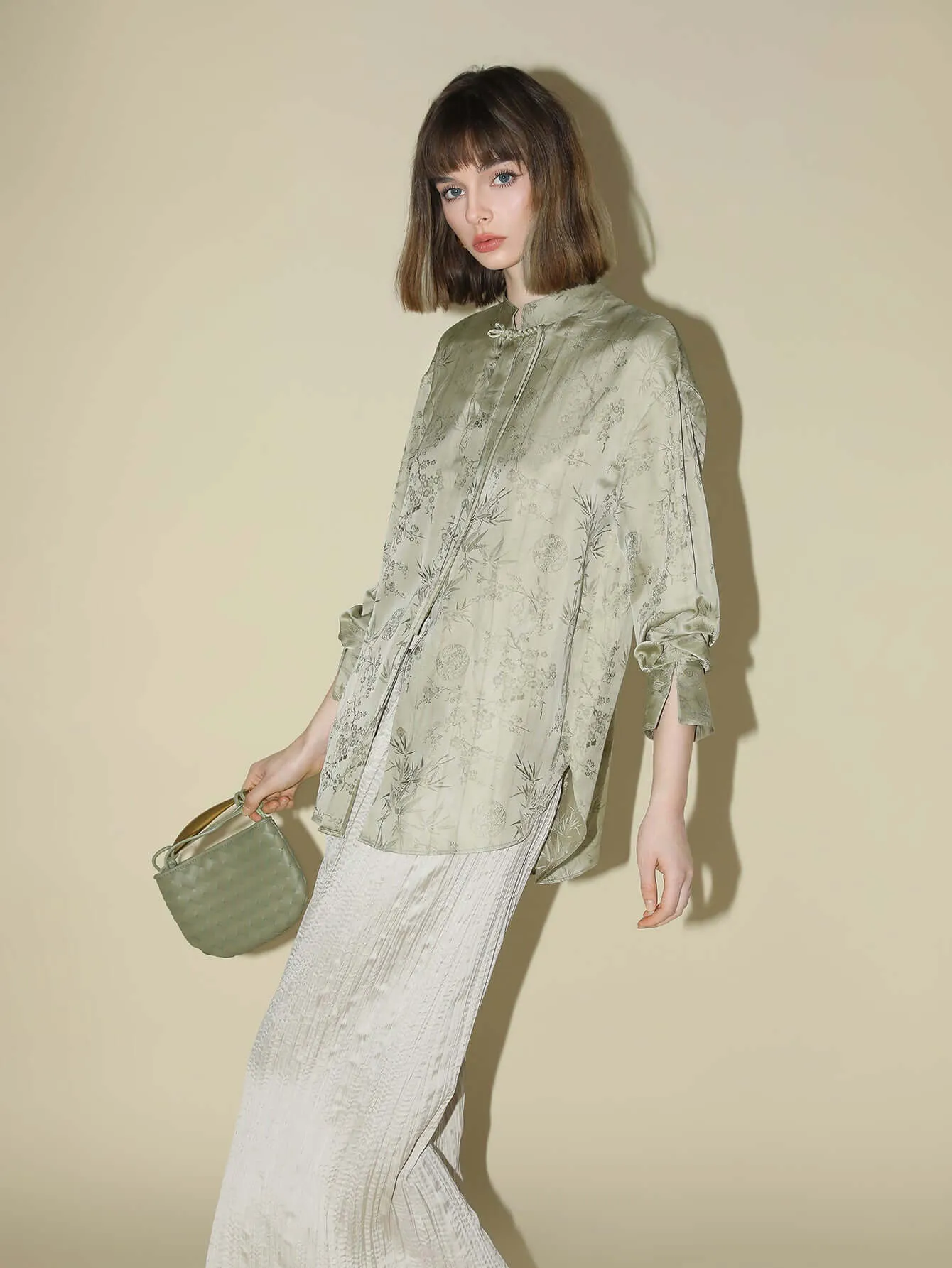 Satin Champagne Pleated Flowing A-Line Skirt