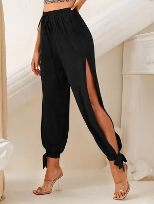 Sexy Plain Tie Front High Waist Cropped Women Pants