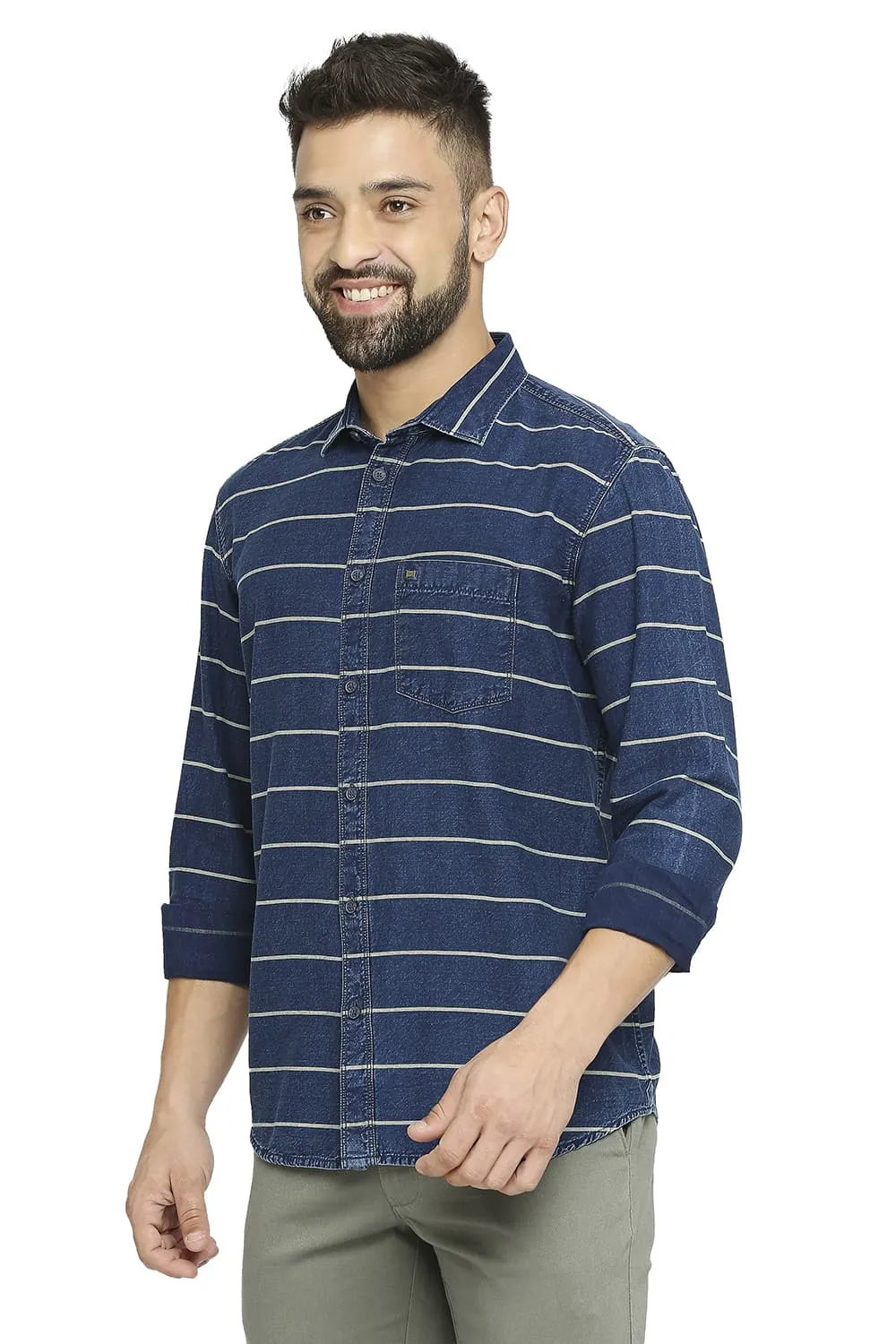 Slim Fit Cotton Indigo Twill Weft Stripe Shirt