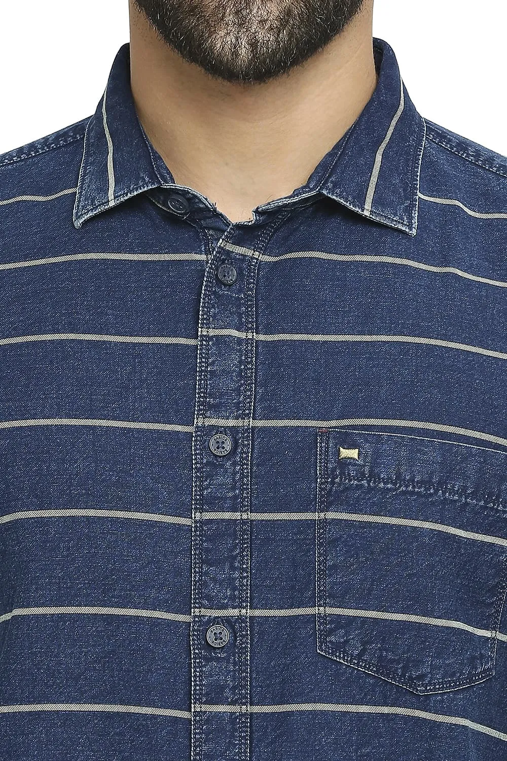 Slim Fit Cotton Indigo Twill Weft Stripe Shirt