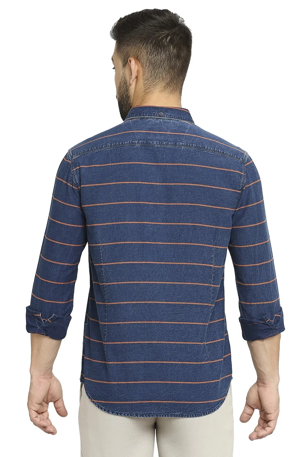 Slim Fit Cotton Indigo Twill Weft Stripe Shirt