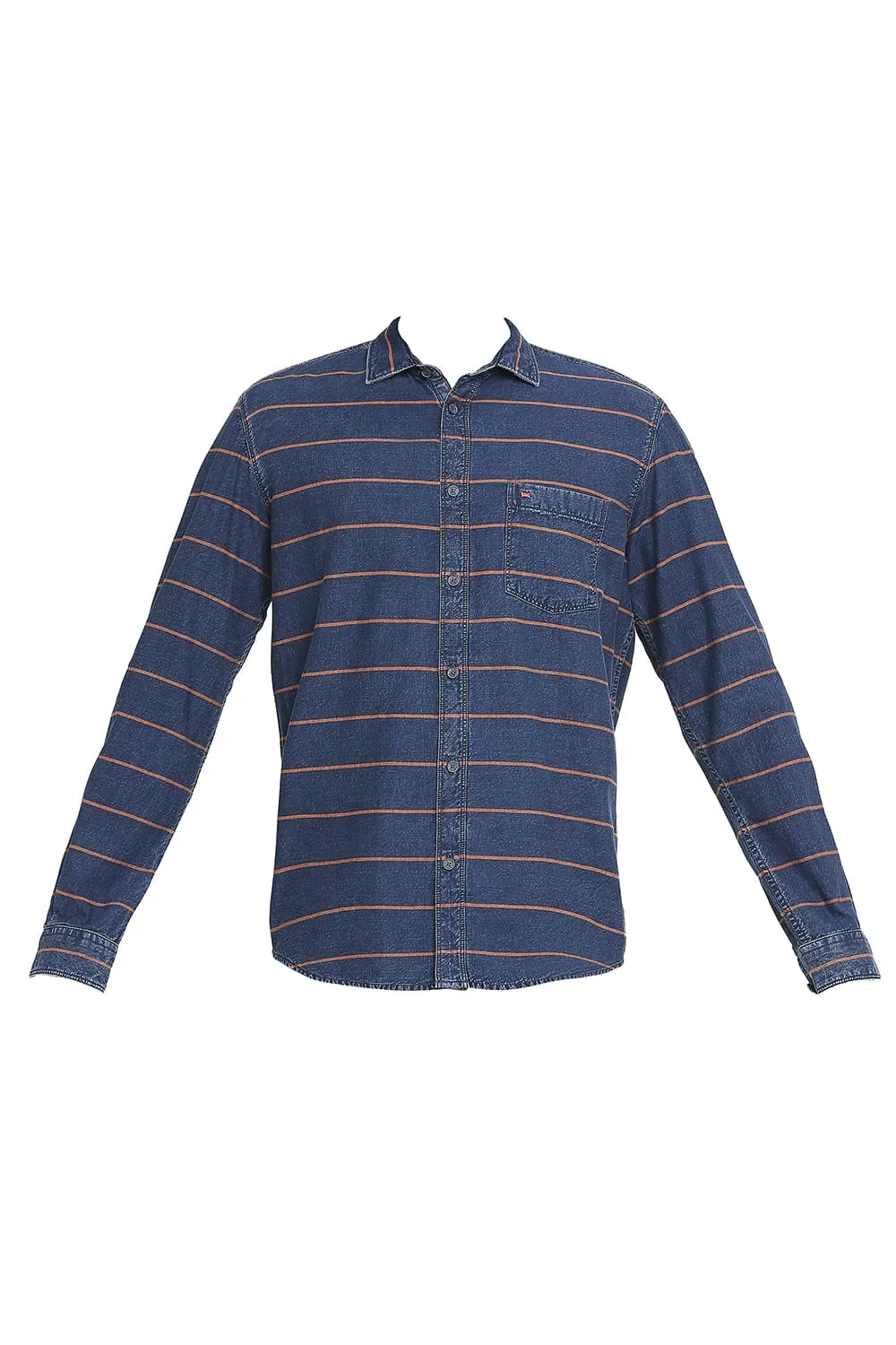 Slim Fit Cotton Indigo Twill Weft Stripe Shirt