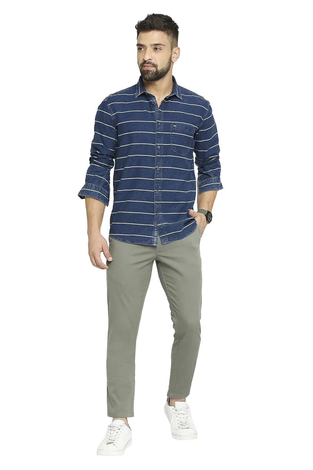 Slim Fit Cotton Indigo Twill Weft Stripe Shirt
