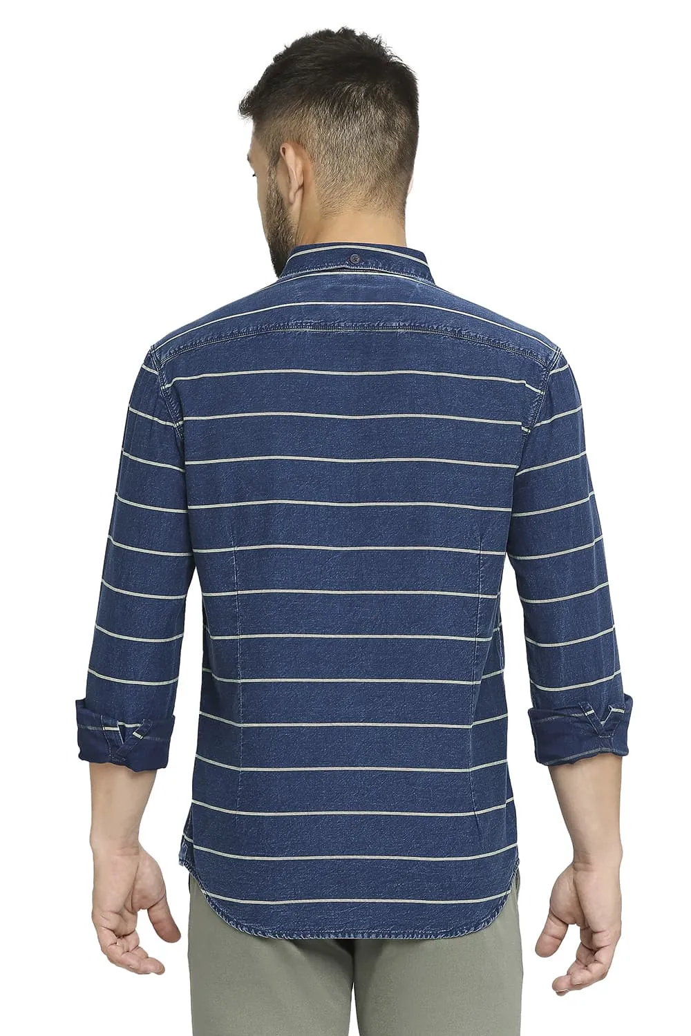 Slim Fit Cotton Indigo Twill Weft Stripe Shirt