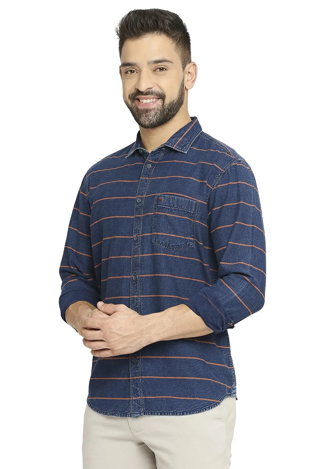 Slim Fit Cotton Indigo Twill Weft Stripe Shirt
