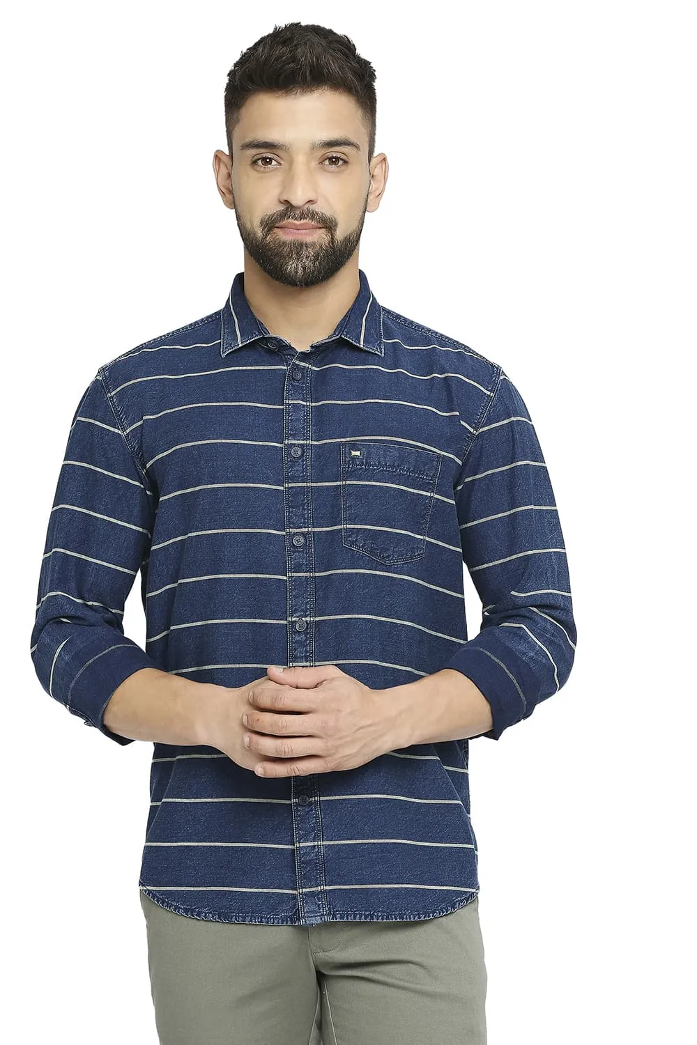 Slim Fit Cotton Indigo Twill Weft Stripe Shirt