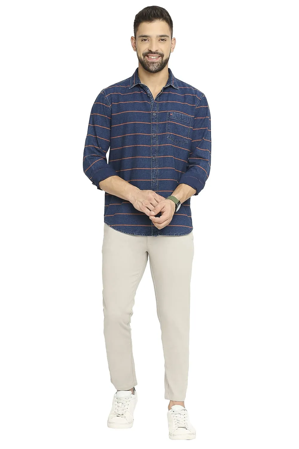 Slim Fit Cotton Indigo Twill Weft Stripe Shirt