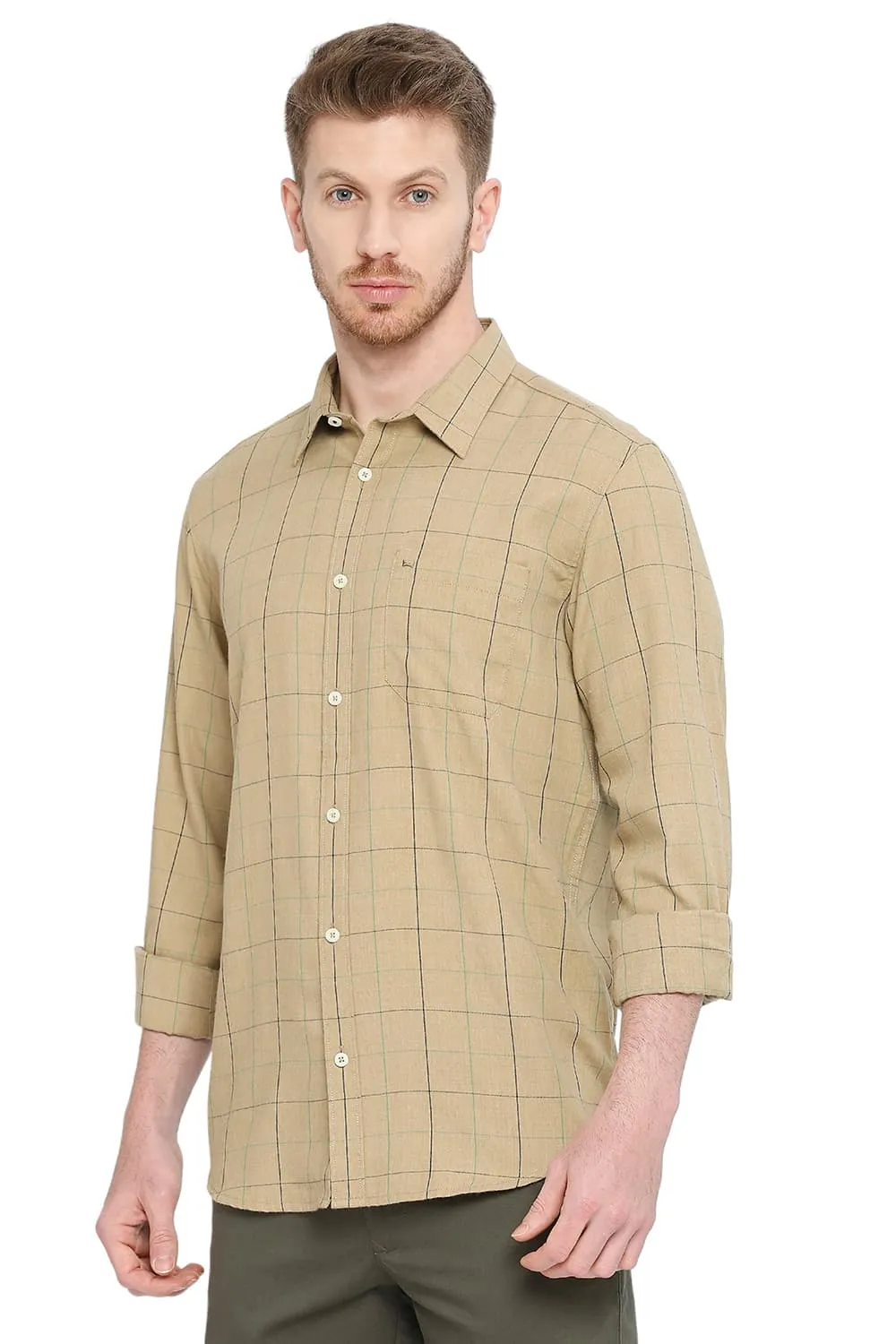 Slim Fit Polyester Viscose Melange Checks Shirt