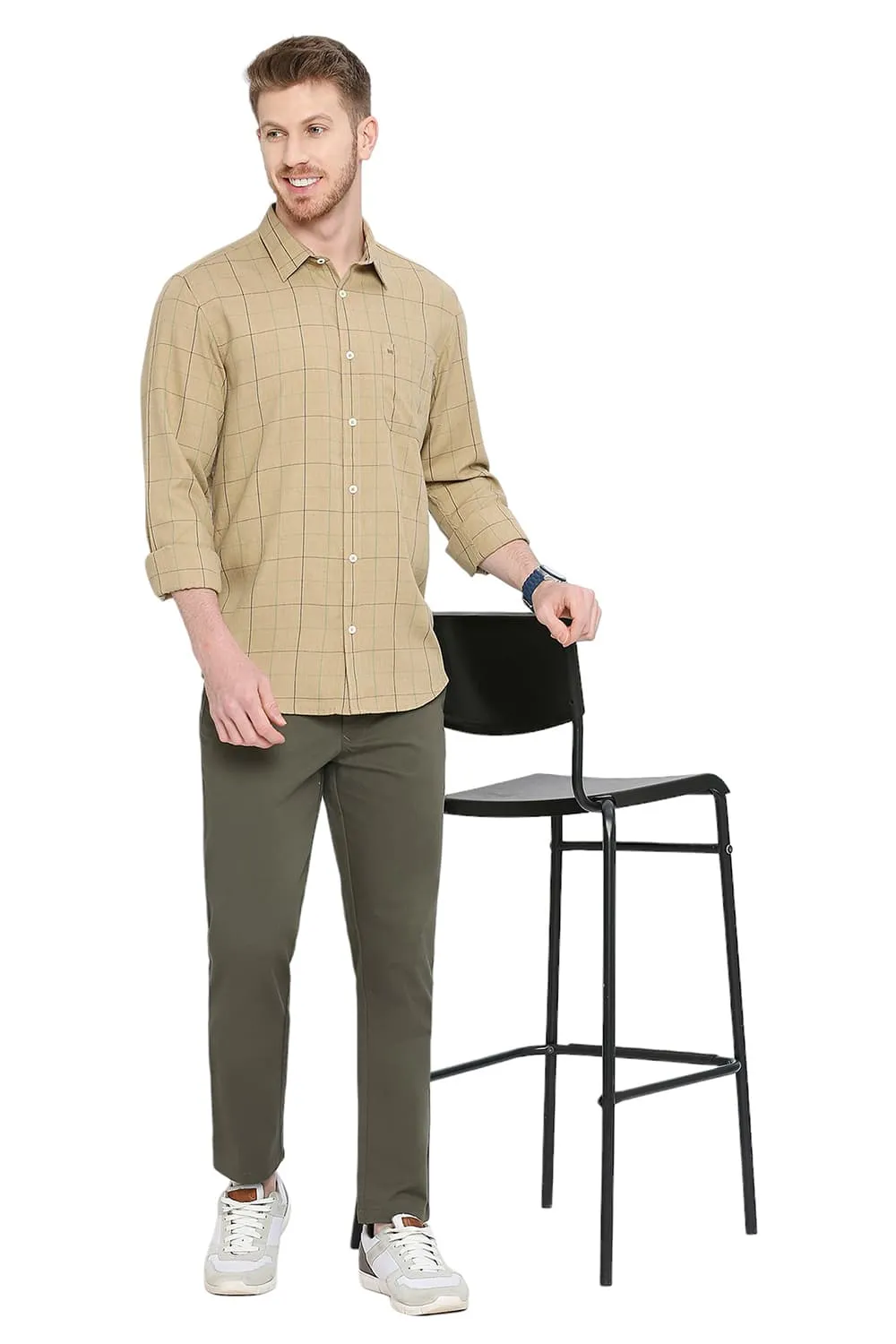 Slim Fit Polyester Viscose Melange Checks Shirt