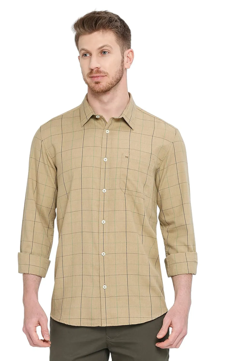 Slim Fit Polyester Viscose Melange Checks Shirt